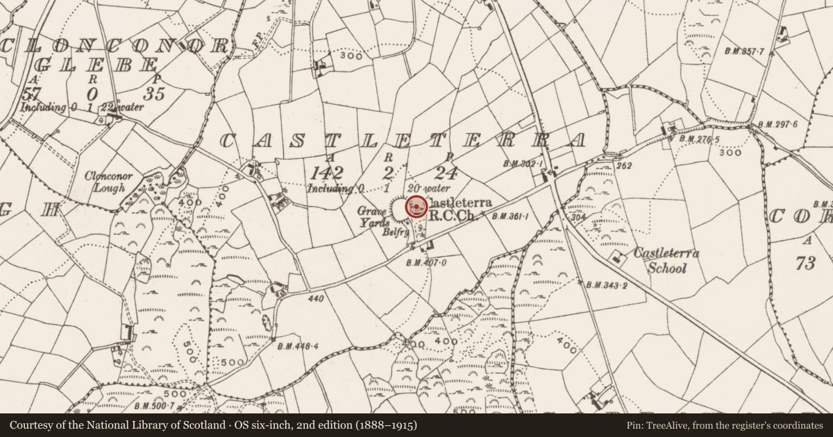 Ordnance Survey six-inch map, 2nd edition (1888–1915) covering the location of Stone head, Castleterra, County Cavan, with a pin at the register's coordinates