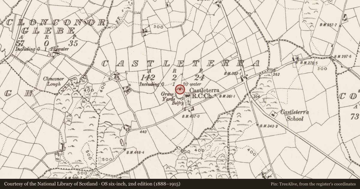 Ordnance Survey six-inch map, 2nd edition (1888–1915) covering the location of Architectural fragment, Castleterra, County Cavan, with a pin at the register's coordinates