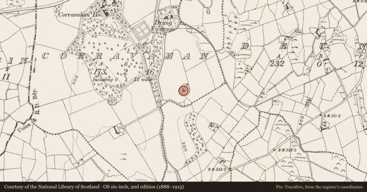 Ordnance Survey six-inch map, 2nd edition (1888–1915) covering the location of Ringfort - rath, Corravahan, County Cavan, with a pin at the register's coordinates