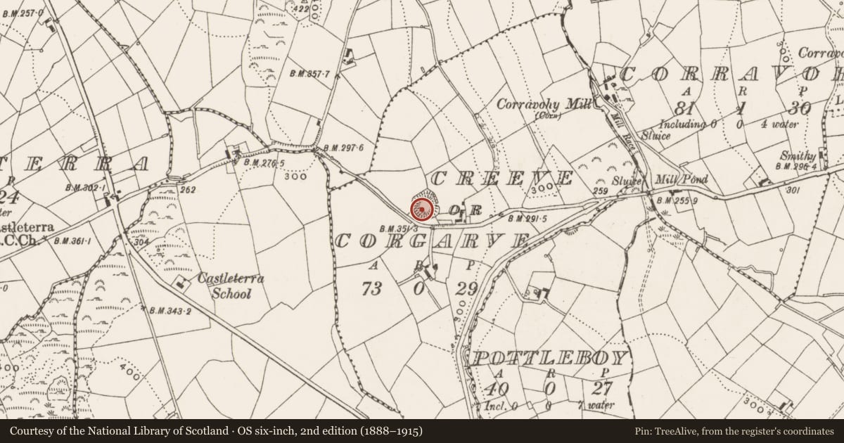 Ordnance Survey six-inch map, 2nd edition (1888–1915) covering the location of Ringfort - rath, Creeve Or Corgarve, County Cavan, with a pin at the register's coordinates