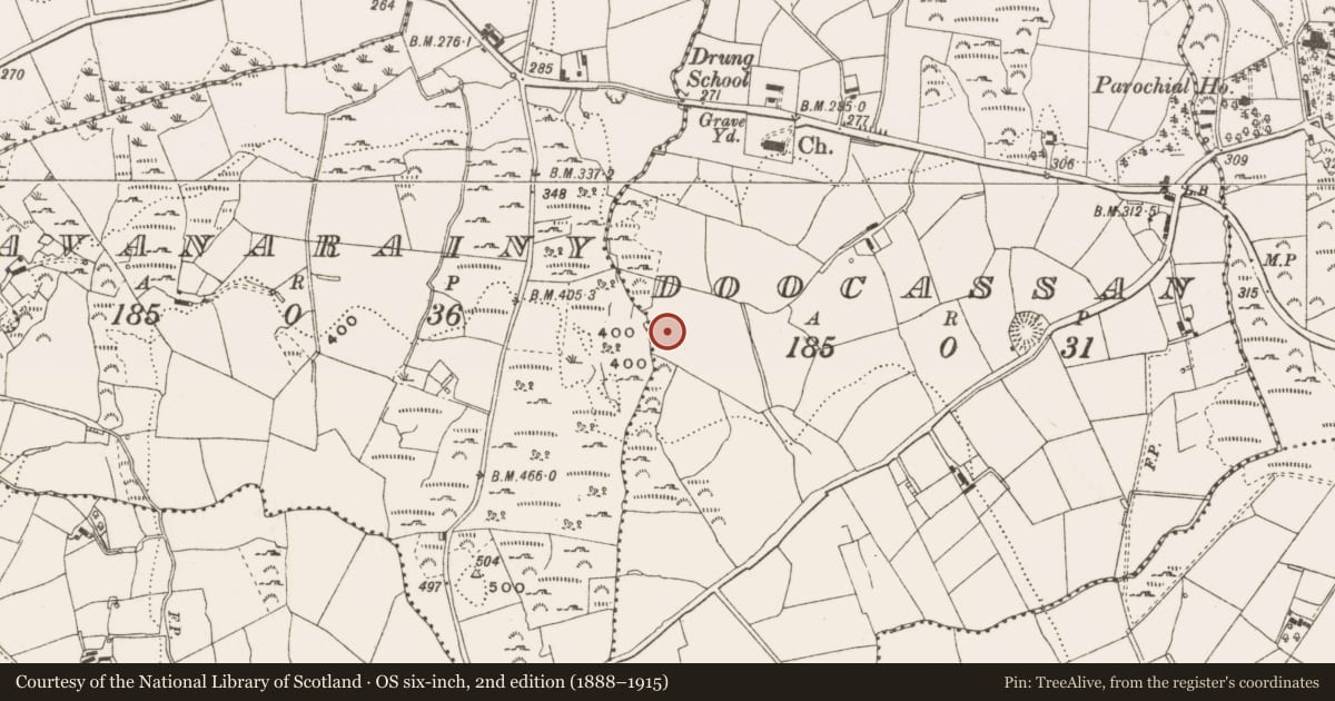 Ordnance Survey six-inch map, 2nd edition (1888–1915) covering the location of Megalithic tomb - unclassified, Doocassan, County Cavan, with a pin at the register's coordinates