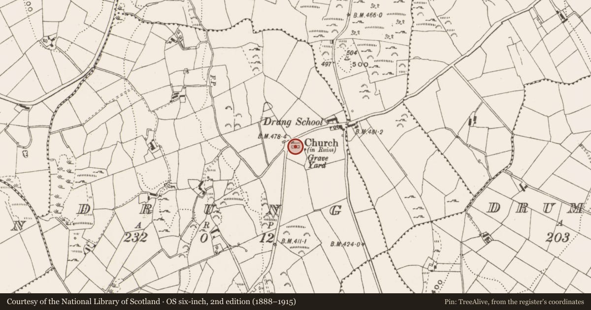 Ordnance Survey six-inch map, 2nd edition (1888–1915) covering the location of Church, Drung, County Cavan, with a pin at the register's coordinates