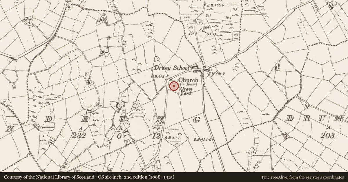 Ordnance Survey six-inch map, 2nd edition (1888–1915) covering the location of Graveyard, Drung, County Cavan, with a pin at the register's coordinates