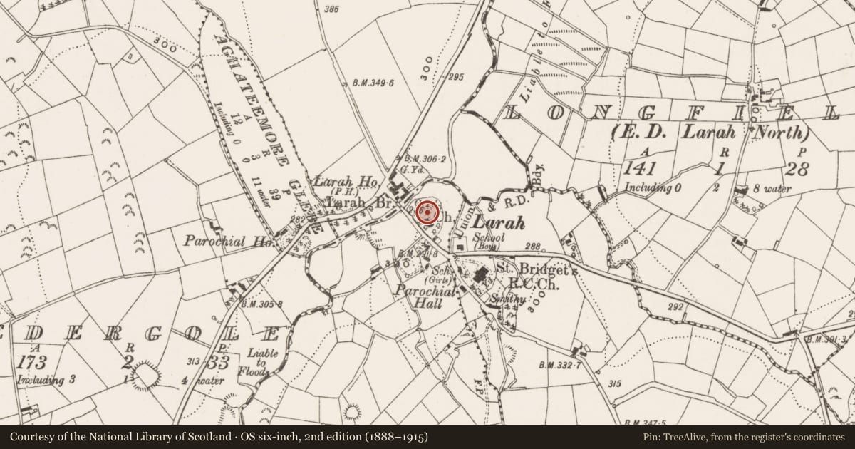 Ordnance Survey six-inch map, 2nd edition (1888–1915) covering the location of Graveyard, Killycrone, County Cavan, with a pin at the register's coordinates