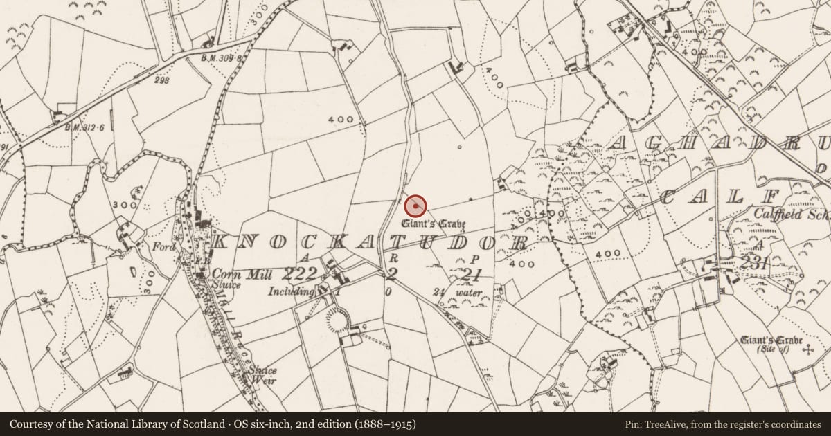Ordnance Survey six-inch map, 2nd edition (1888–1915) covering the location of Megalithic tomb - unclassified, Knockatudor, County Cavan, with a pin at the register's coordinates