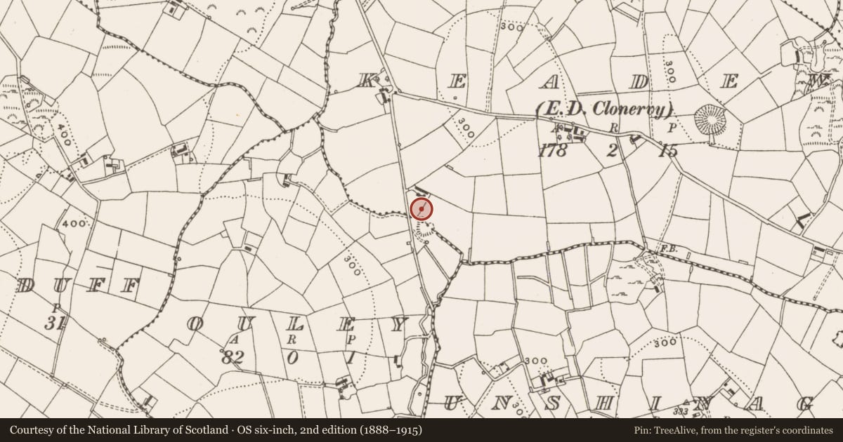 Ordnance Survey six-inch map, 2nd edition (1888–1915) covering the location of Enclosure, Ouley, County Cavan, with a pin at the register's coordinates