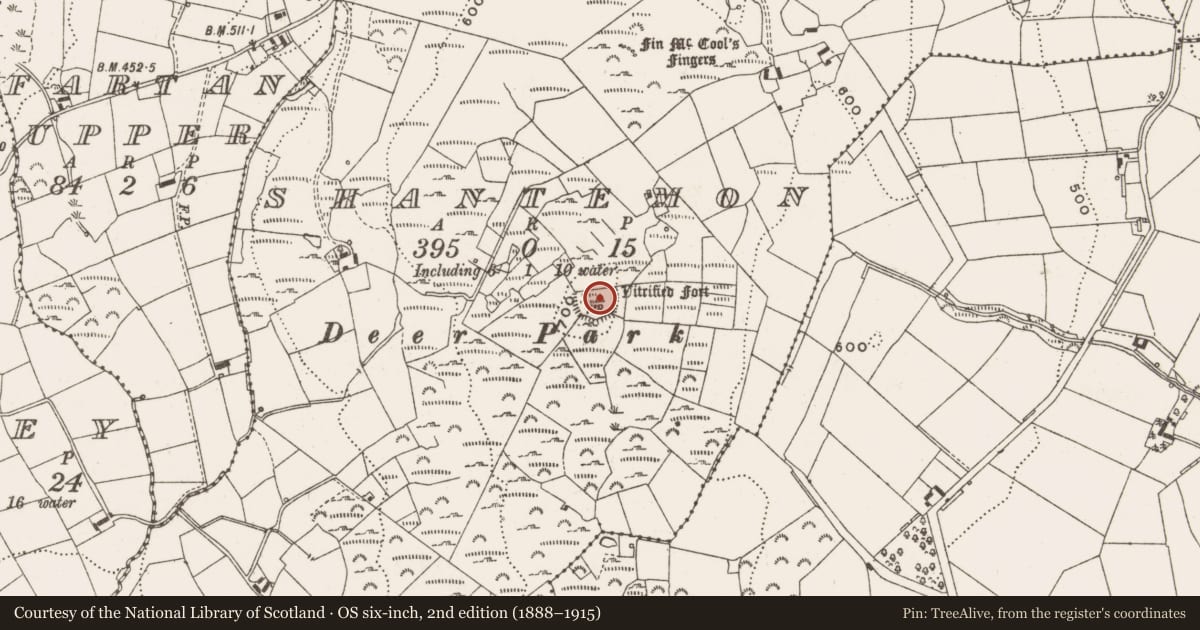Ordnance Survey six-inch map, 2nd edition (1888–1915) covering the location of Hilltop enclosure, Shantemon, County Cavan, with a pin at the register's coordinates