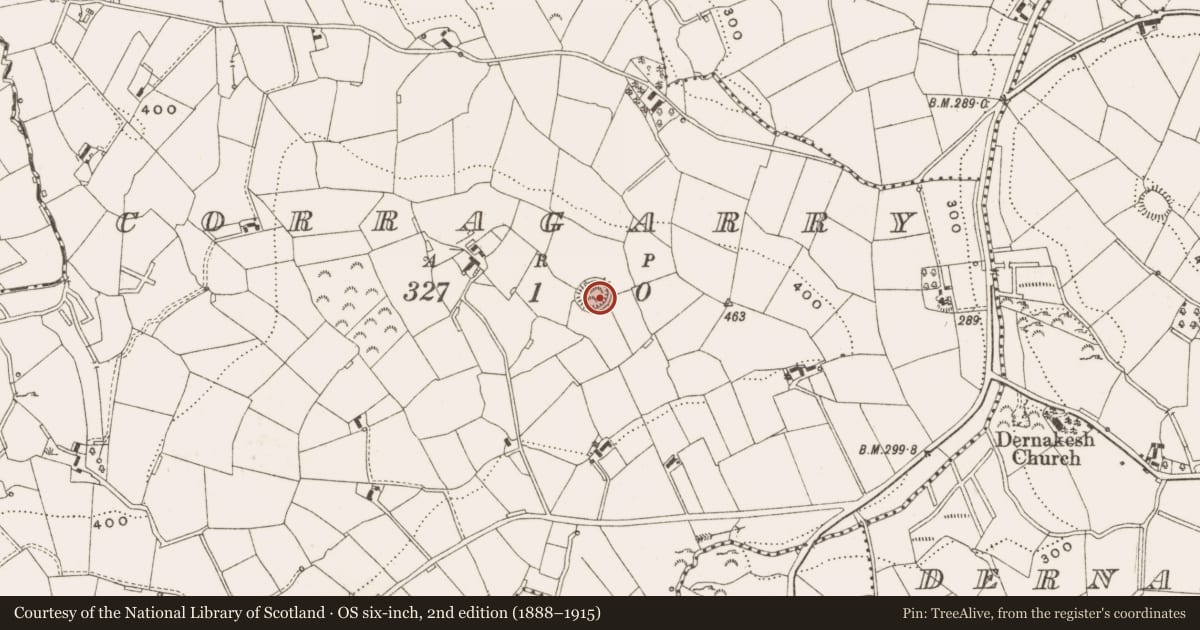 Ordnance Survey six-inch map, 2nd edition (1888–1915) covering the location of Ringfort - rath, Corragarry, County Cavan, with a pin at the register's coordinates
