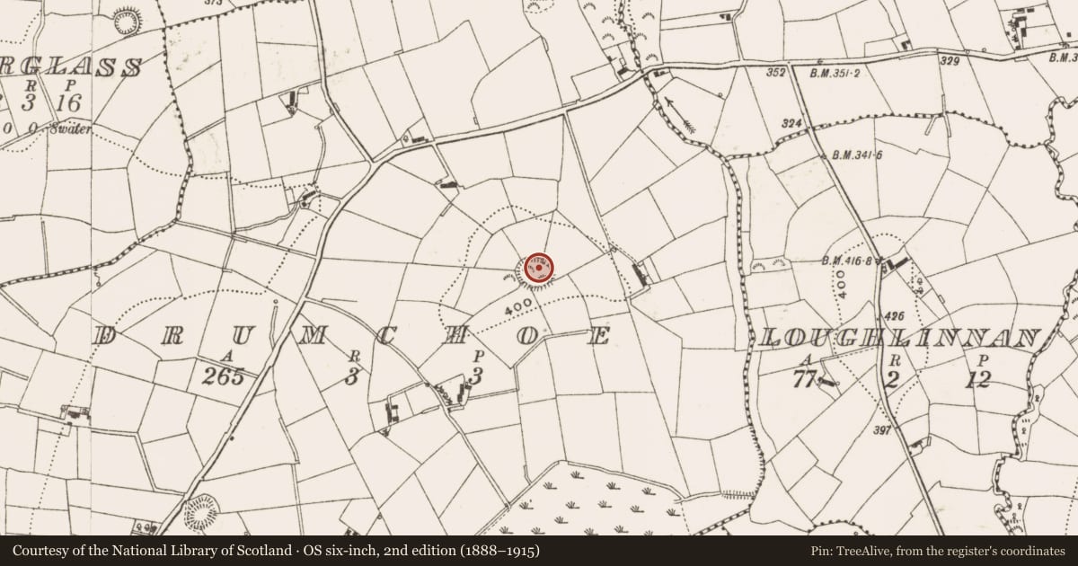 Ordnance Survey six-inch map, 2nd edition (1888–1915) covering the location of Ringfort - rath, Drumchoe, County Cavan, with a pin at the register's coordinates