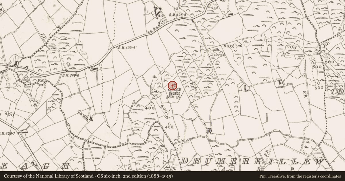 Ordnance Survey six-inch map, 2nd edition (1888–1915) covering the location of Megalithic tomb - unclassified, Drumerkillew, County Cavan, with a pin at the register's coordinates