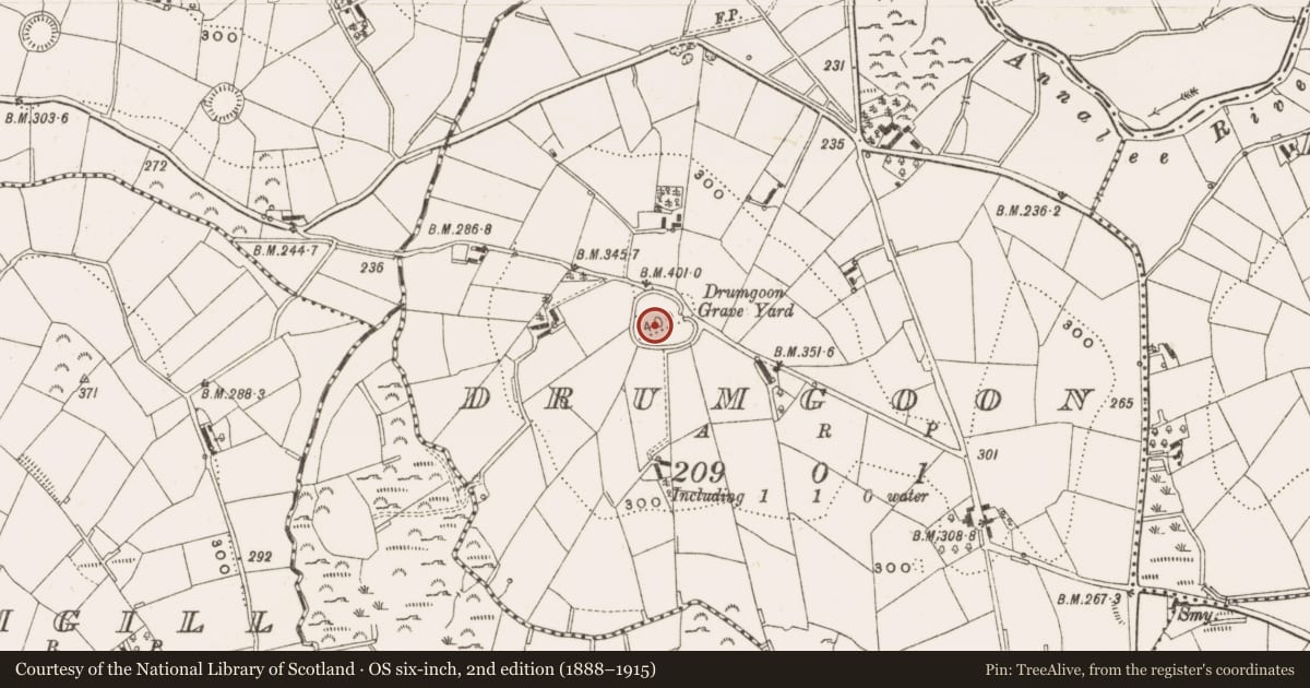 Ordnance Survey six-inch map, 2nd edition (1888–1915) covering the location of Church, Drumgoon, County Cavan, with a pin at the register's coordinates