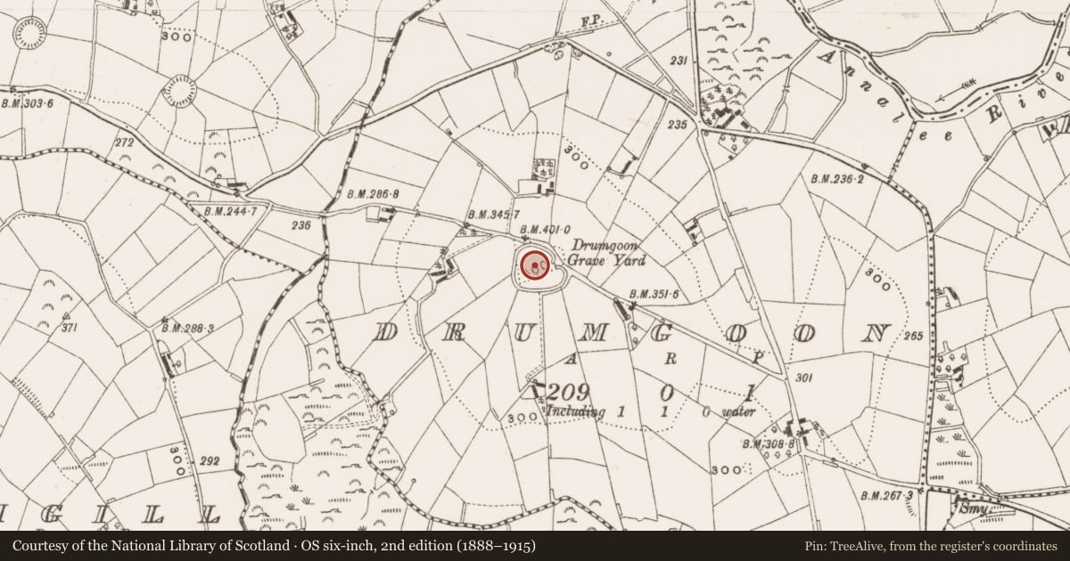 Ordnance Survey six-inch map, 2nd edition (1888–1915) covering the location of Ringfort - rath, Drumgoon, County Cavan, with a pin at the register's coordinates