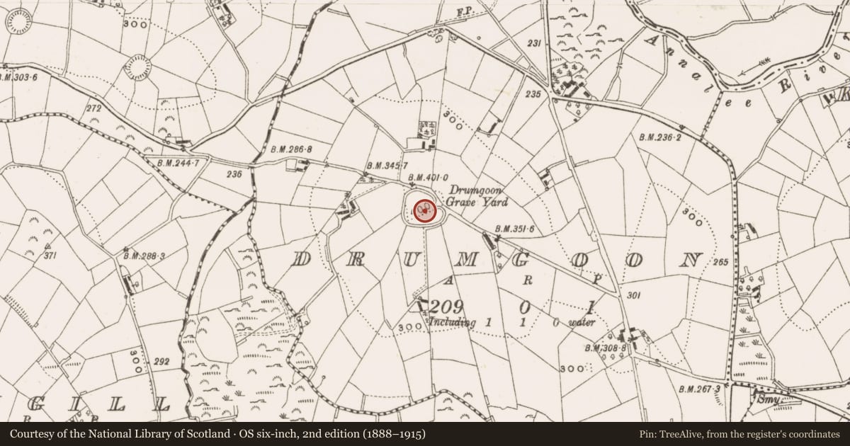 Ordnance Survey six-inch map, 2nd edition (1888–1915) covering the location of Graveyard, Drumgoon, County Cavan, with a pin at the register's coordinates