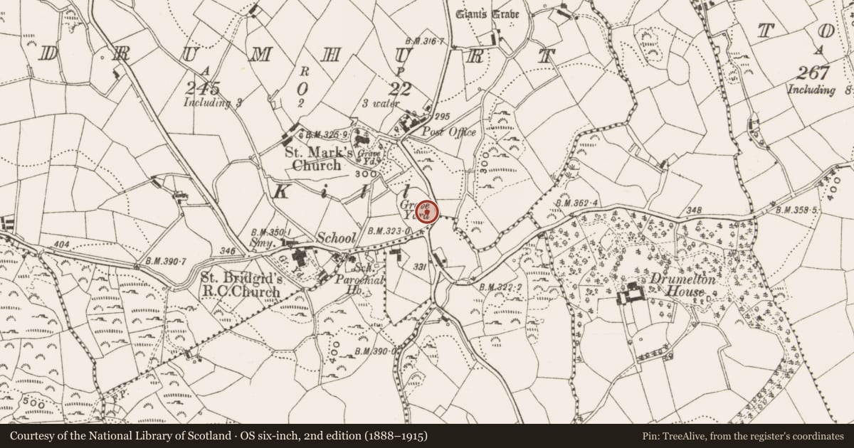 Ordnance Survey six-inch map, 2nd edition (1888–1915) covering the location of Church, Drumhurt, County Cavan, with a pin at the register's coordinates
