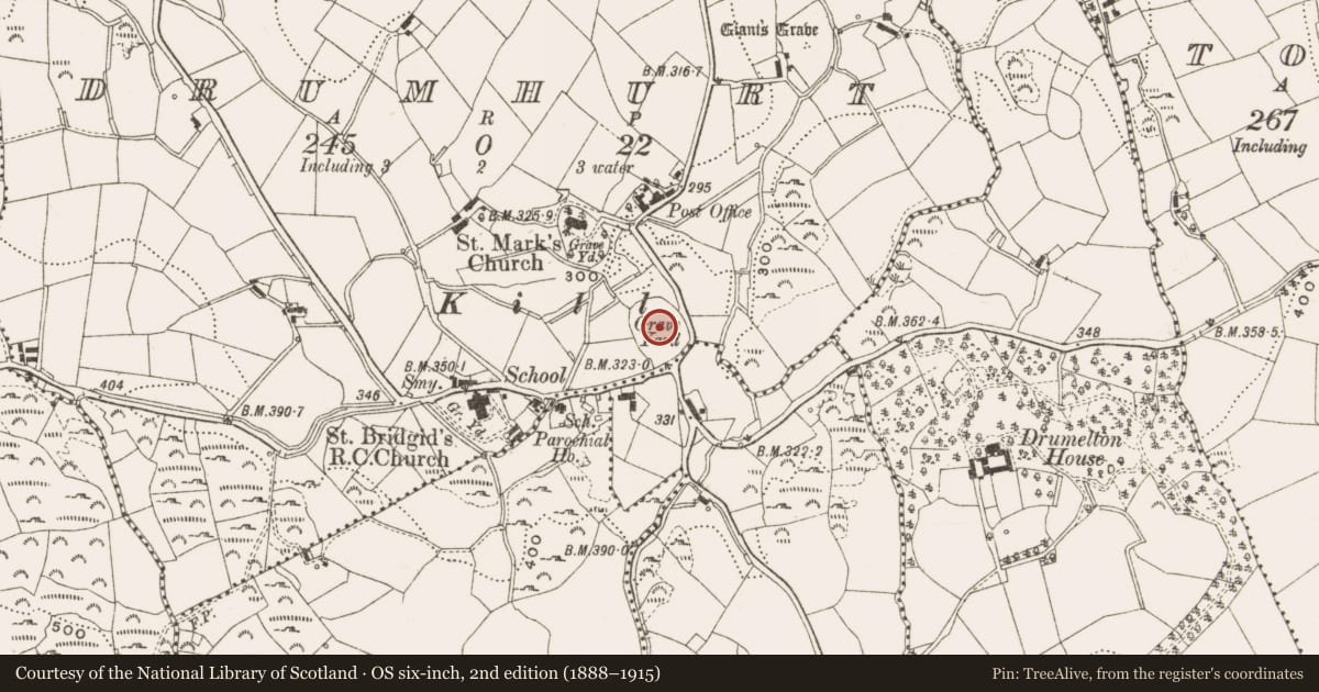 Ordnance Survey six-inch map, 2nd edition (1888–1915) covering the location of Graveyard, Drumhurt, County Cavan, with a pin at the register's coordinates