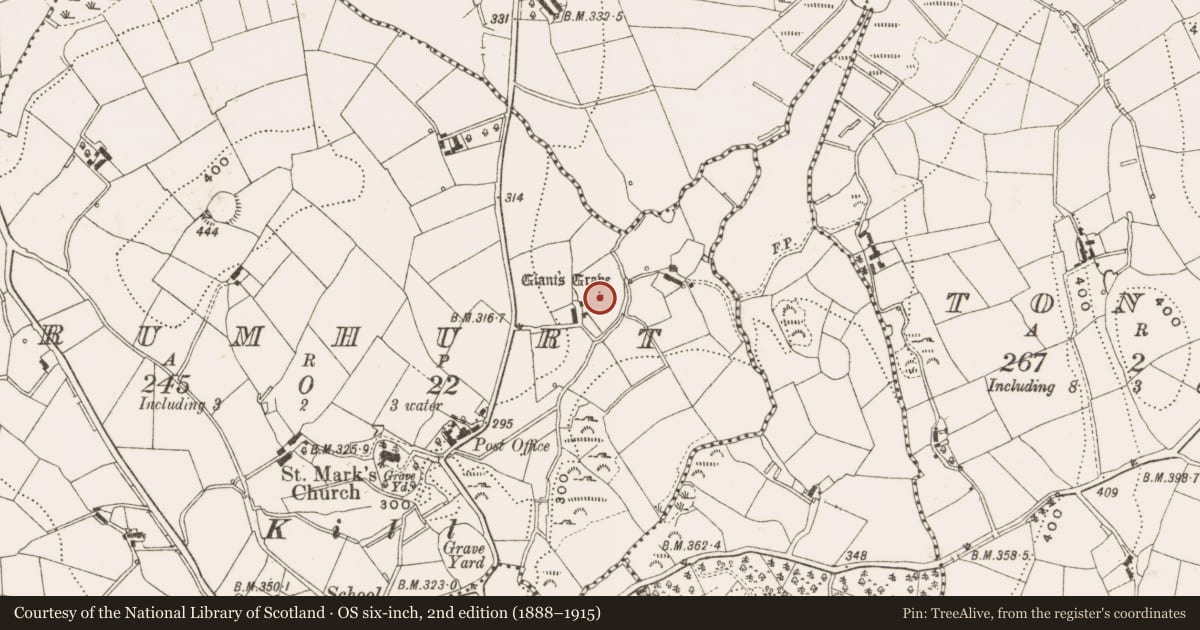 Ordnance Survey six-inch map, 2nd edition (1888–1915) covering the location of Megalithic structure, Drumhurt, County Cavan, with a pin at the register's coordinates
