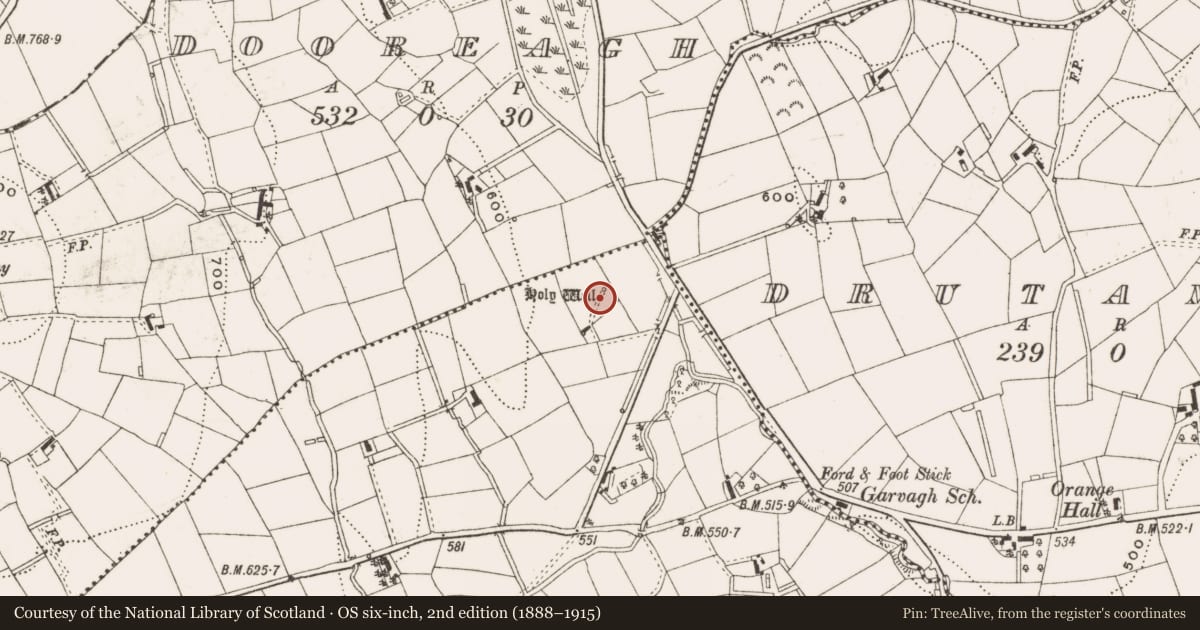 Ordnance Survey six-inch map, 2nd edition (1888–1915) covering the location of Ritual site - holy well, Knocknashammer, County Cavan, with a pin at the register's coordinates
