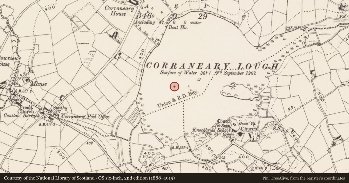 Ordnance Survey six-inch map, 2nd edition (1888–1915) covering the location of Crannog, Corraneary, County Cavan, with a pin at the register's coordinates
