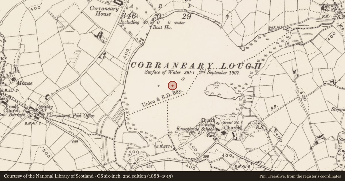 Ordnance Survey six-inch map, 2nd edition (1888–1915) covering the location of Crannog, Corraneary, County Cavan, with a pin at the register's coordinates