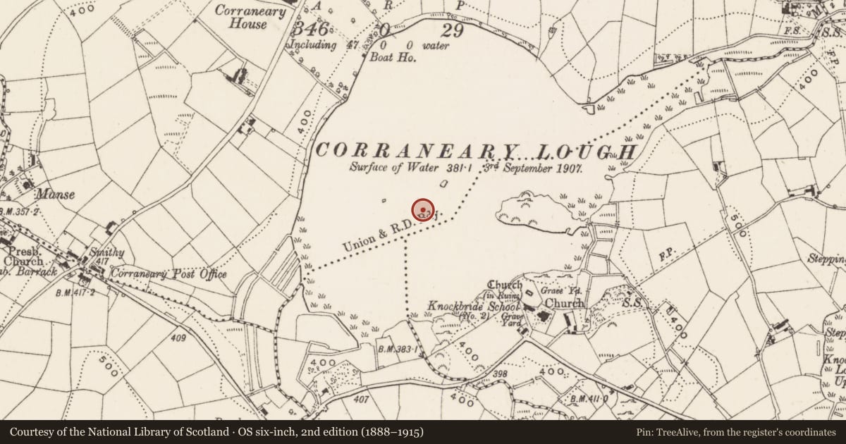 Ordnance Survey six-inch map, 2nd edition (1888–1915) covering the location of Crannog, Corraneary, County Cavan, with a pin at the register's coordinates