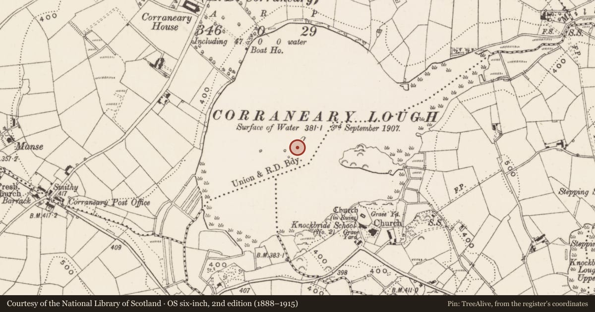 Ordnance Survey six-inch map, 2nd edition (1888–1915) covering the location of Crannog, Corraneary, County Cavan, with a pin at the register's coordinates