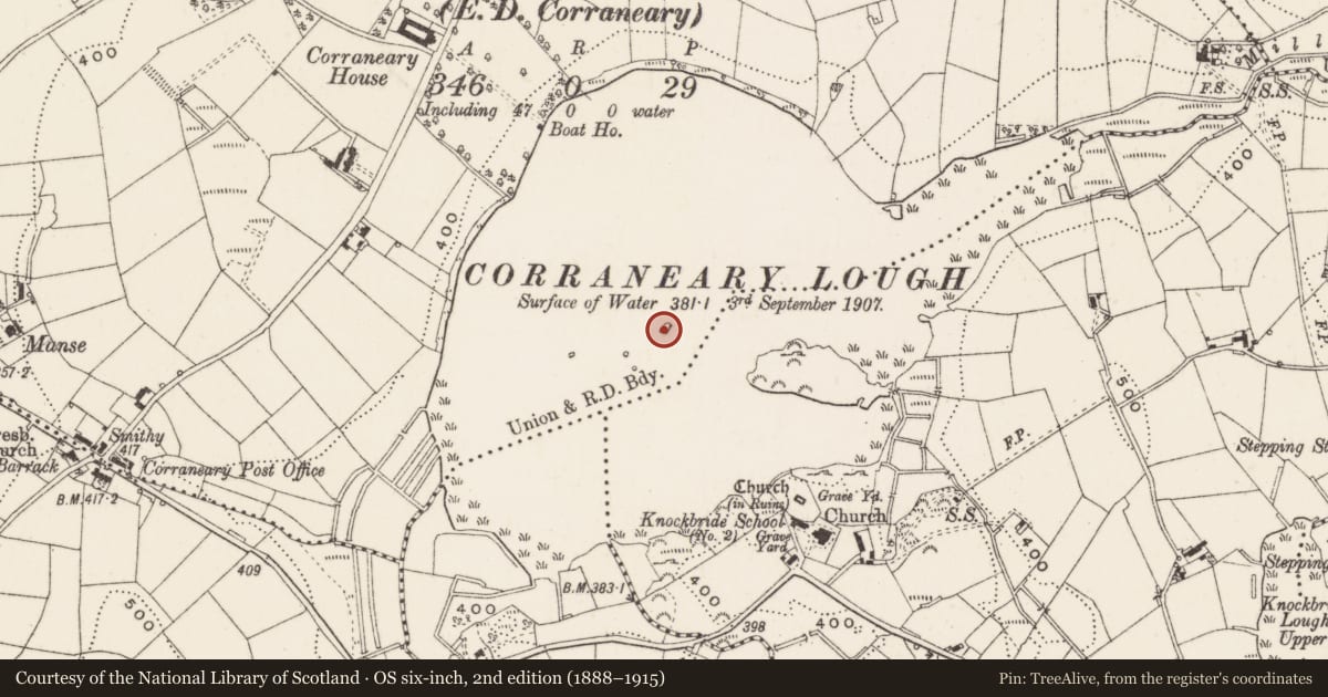 Ordnance Survey six-inch map, 2nd edition (1888–1915) covering the location of Crannog, Corraneary, County Cavan, with a pin at the register's coordinates