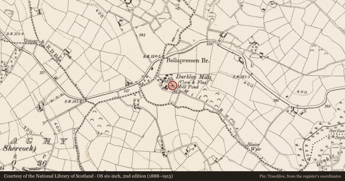 Ordnance Survey six-inch map, 2nd edition (1888–1915) covering the location of Mill - unclassified, Darkley, County Cavan, with a pin at the register's coordinates