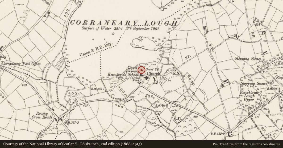 Ordnance Survey six-inch map, 2nd edition (1888–1915) covering the location of Church, Knockbride, County Cavan, with a pin at the register's coordinates