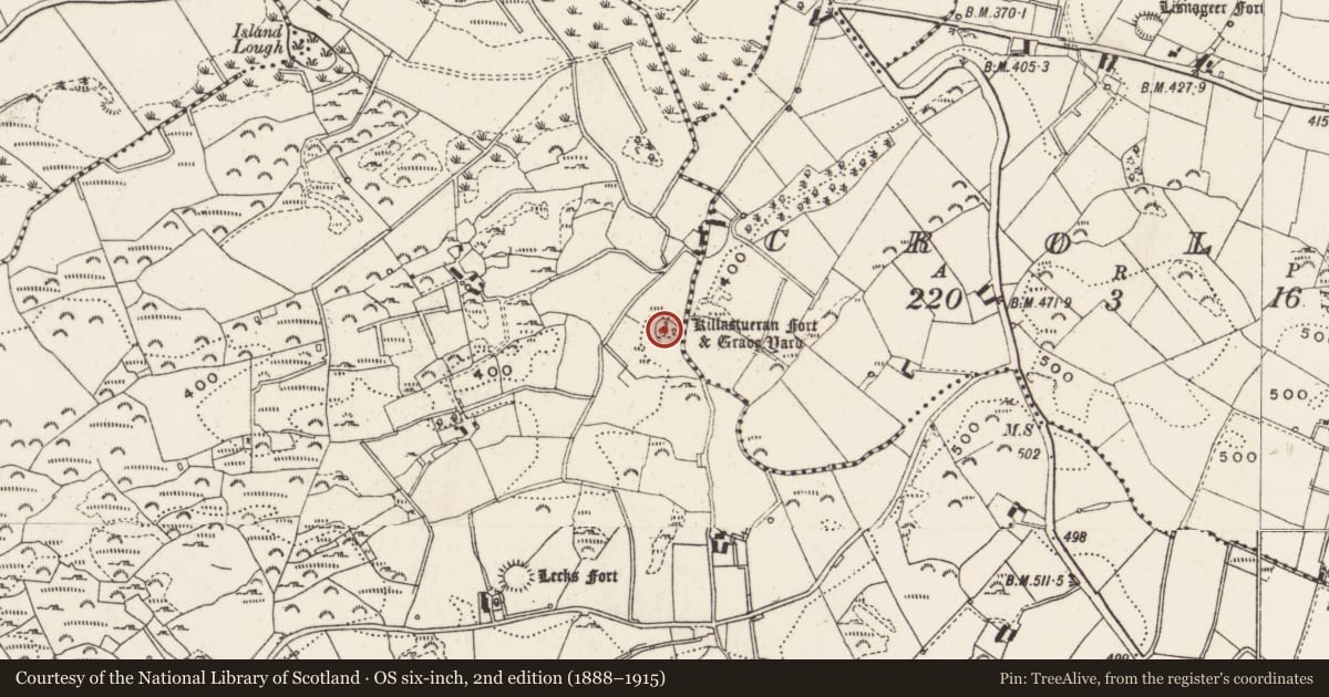 Ordnance Survey six-inch map, 2nd edition (1888–1915) covering the location of Ringfort - rath, Lecks, County Cavan, with a pin at the register's coordinates