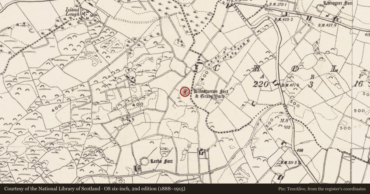 Ordnance Survey six-inch map, 2nd edition (1888–1915) covering the location of Church, Lecks, County Cavan, with a pin at the register's coordinates