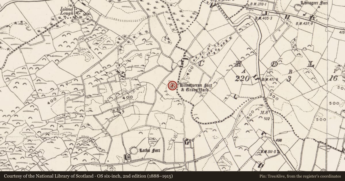 Ordnance Survey six-inch map, 2nd edition (1888–1915) covering the location of Children's burial ground, Lecks, County Cavan, with a pin at the register's coordinates