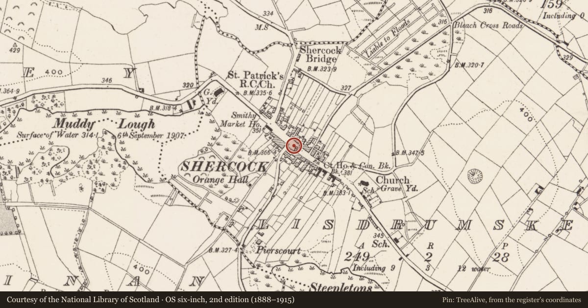 Ordnance Survey six-inch map, 2nd edition (1888–1915) covering the location of Historic town, Lisdrumskea, County Cavan, with a pin at the register's coordinates