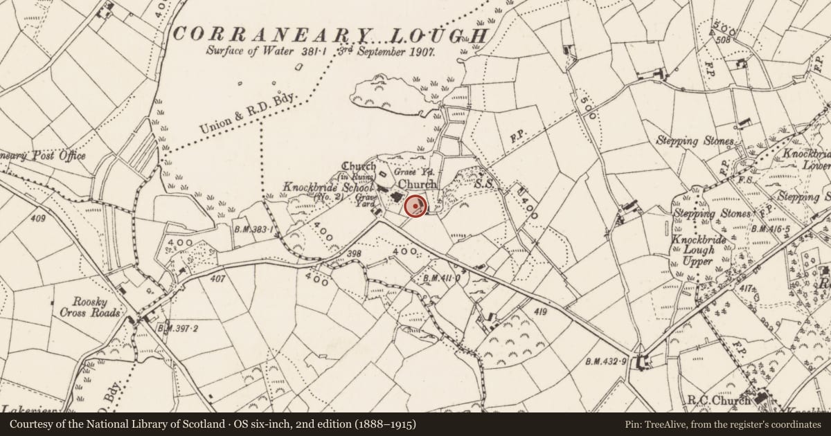 Ordnance Survey six-inch map, 2nd edition (1888–1915) covering the location of Bullaun stone, Knockbride, County Cavan, with a pin at the register's coordinates