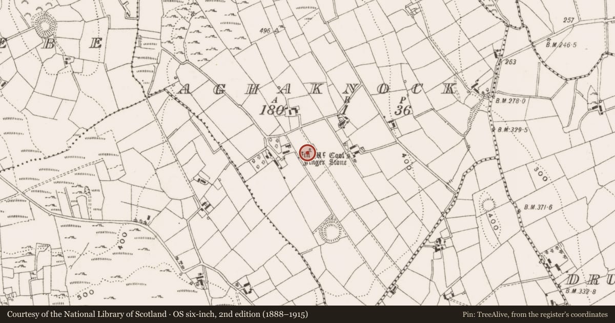 Ordnance Survey six-inch map, 2nd edition (1888–1915) covering the location of Standing stone, Aghaknock, County Cavan, with a pin at the register's coordinates
