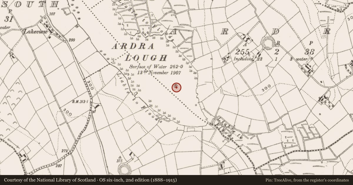 Ordnance Survey six-inch map, 2nd edition (1888–1915) covering the location of Crannog, Ardra, County Cavan, with a pin at the register's coordinates