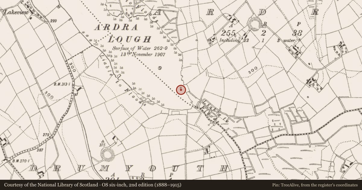 Ordnance Survey six-inch map, 2nd edition (1888–1915) covering the location of Crannog, Ardra, County Cavan, with a pin at the register's coordinates