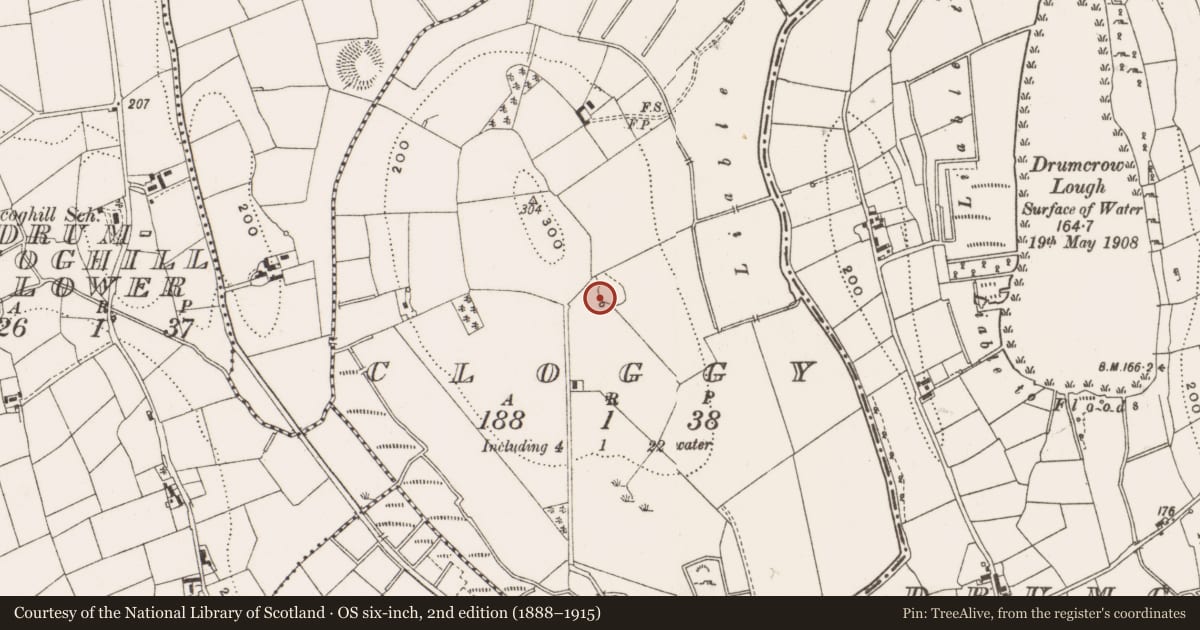 Ordnance Survey six-inch map, 2nd edition (1888–1915) covering the location of Ringfort - rath, Cloggy, County Cavan, with a pin at the register's coordinates