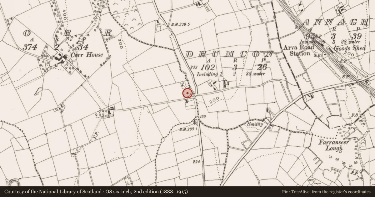 Ordnance Survey six-inch map, 2nd edition (1888–1915) covering the location of Ringfort - unclassified, Corr, County Cavan, with a pin at the register's coordinates