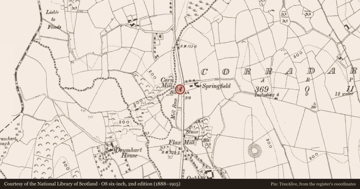 Ordnance Survey six-inch map, 2nd edition (1888–1915) covering the location of Mill - corn, Corradarren, County Cavan, with a pin at the register's coordinates