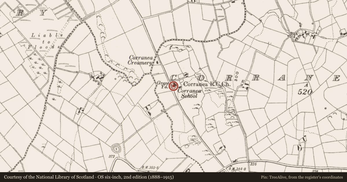Ordnance Survey six-inch map, 2nd edition (1888–1915) covering the location of Church, Corranea Glebe, County Cavan, with a pin at the register's coordinates