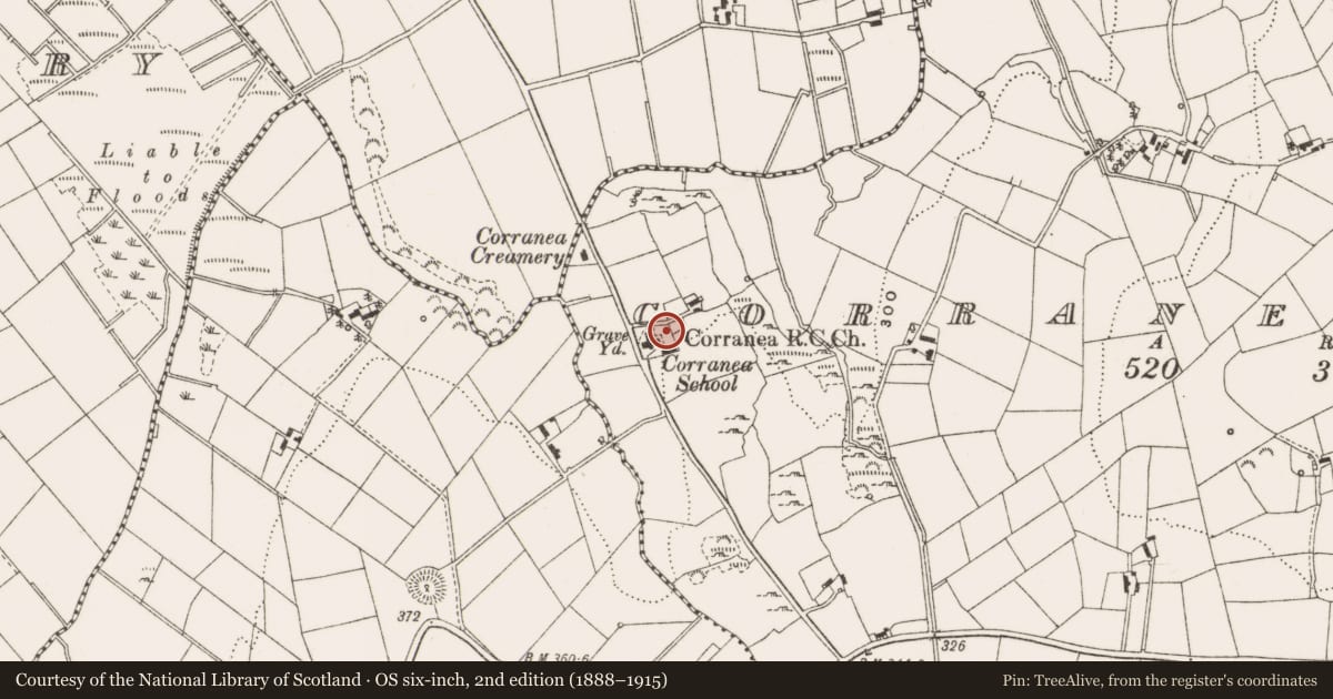 Ordnance Survey six-inch map, 2nd edition (1888–1915) covering the location of Mass-rock, Corranea Glebe, County Cavan, with a pin at the register's coordinates