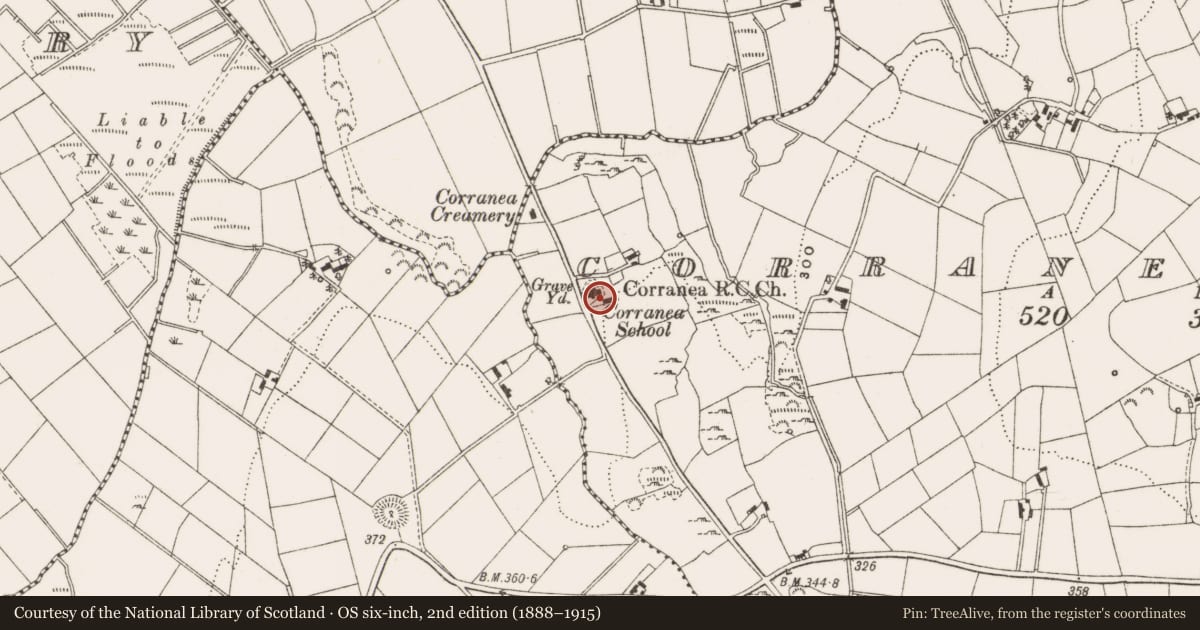 Ordnance Survey six-inch map, 2nd edition (1888–1915) covering the location of Graveyard, Corranea Glebe, County Cavan, with a pin at the register's coordinates