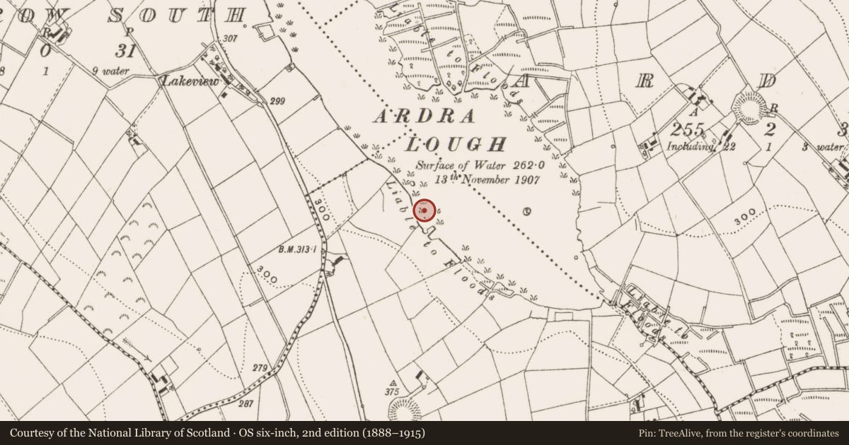 Ordnance Survey six-inch map, 2nd edition (1888–1915) covering the location of Crannog, Drumyouth, County Cavan, with a pin at the register's coordinates