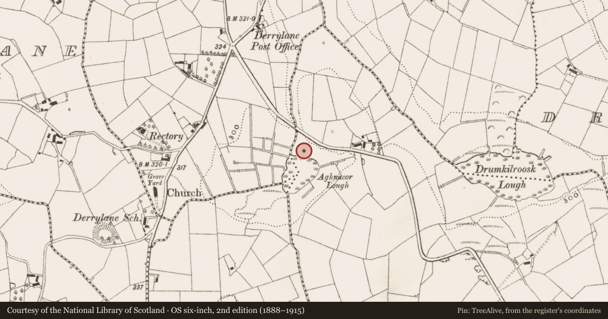 Ordnance Survey six-inch map, 2nd edition (1888–1915) covering the location of Mound, Drumkilroosk, County Cavan, with a pin at the register's coordinates