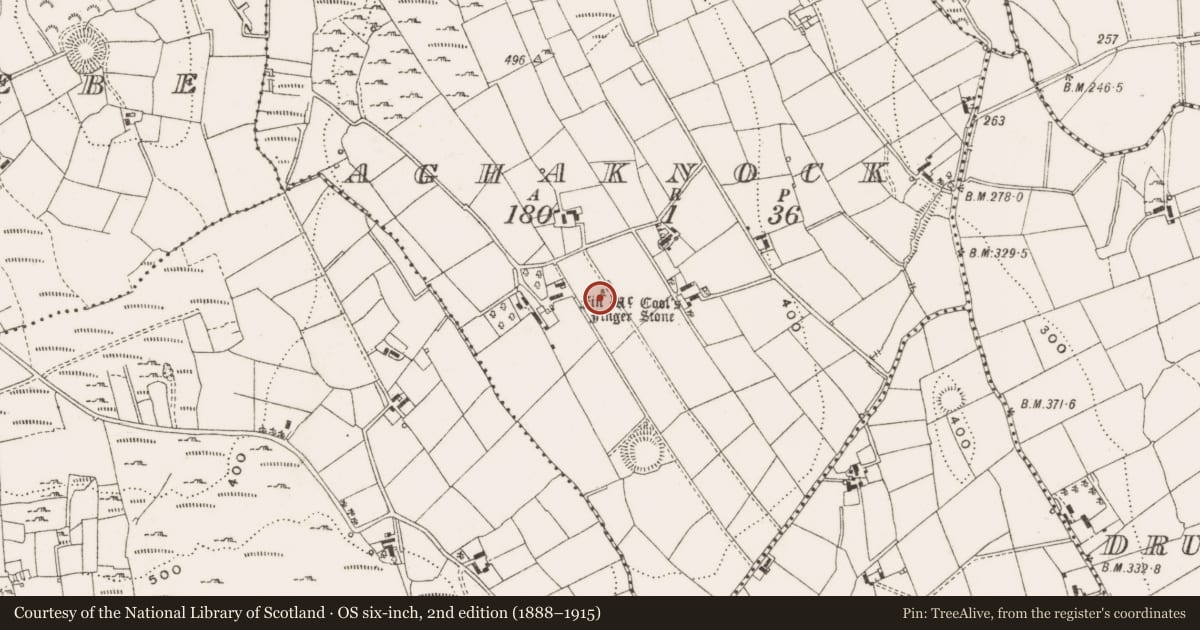 Ordnance Survey six-inch map, 2nd edition (1888–1915) covering the location of Standing stone, Aghaknock, County Cavan, with a pin at the register's coordinates
