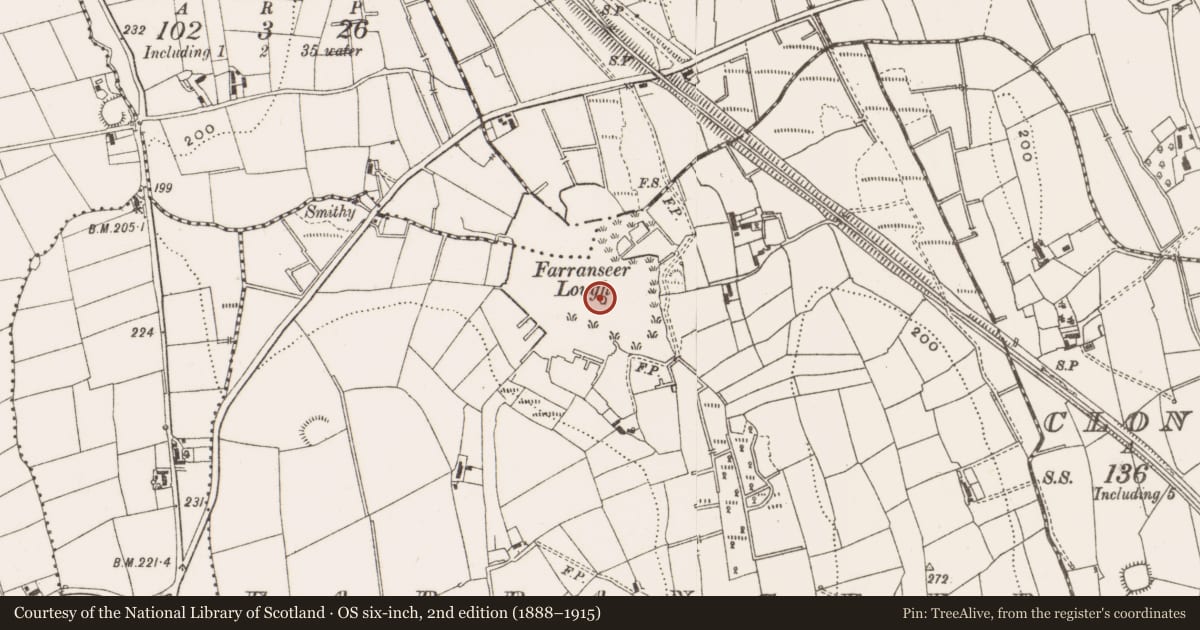 Ordnance Survey six-inch map, 2nd edition (1888–1915) covering the location of Crannog, Farranseer, County Cavan, with a pin at the register's coordinates