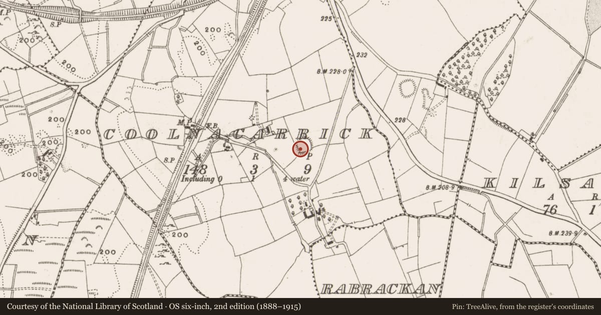 Ordnance Survey six-inch map, 2nd edition (1888–1915) covering the location of Ringfort - rath, Coolnacarrick, County Cavan, with a pin at the register's coordinates