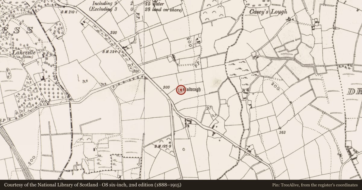 Ordnance Survey six-inch map, 2nd edition (1888–1915) covering the location of Church, Marahill, County Cavan, with a pin at the register's coordinates