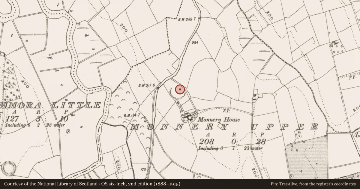 Ordnance Survey six-inch map, 2nd edition (1888–1915) covering the location of Ringfort - rath, Monnery Upper, County Cavan, with a pin at the register's coordinates