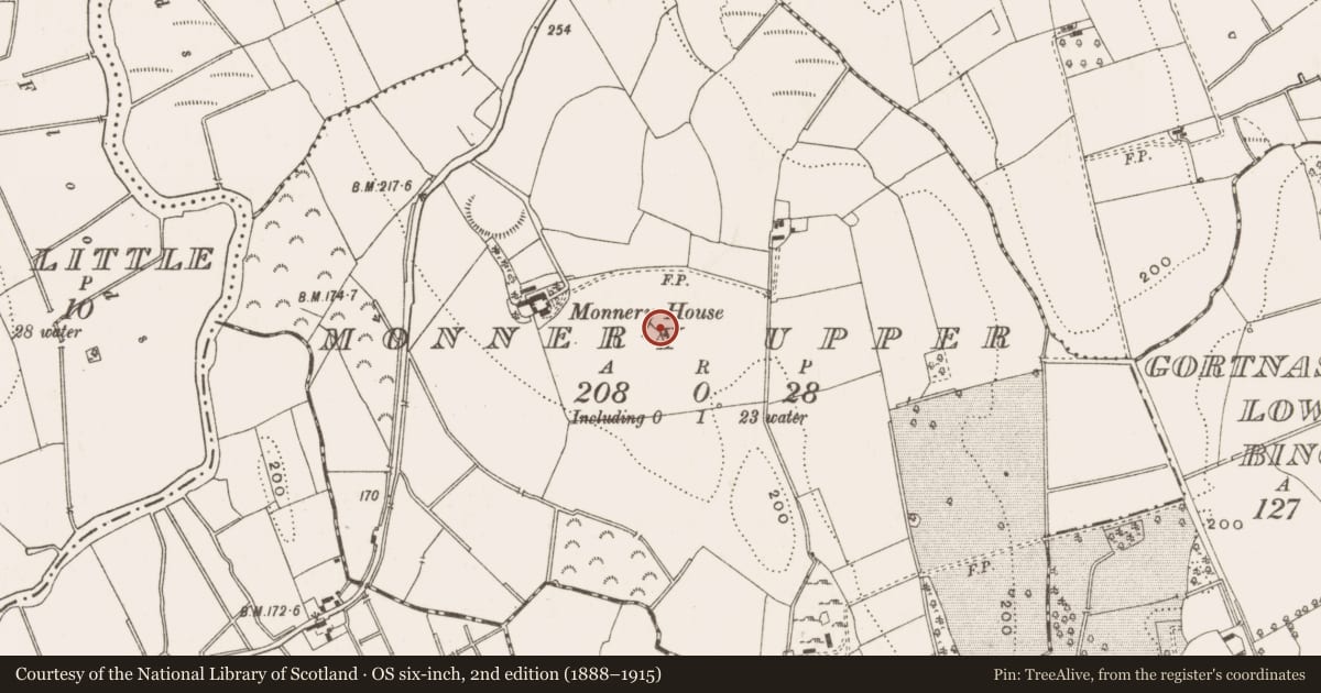 Ordnance Survey six-inch map, 2nd edition (1888–1915) covering the location of Enclosure, Monnery Upper, County Cavan, with a pin at the register's coordinates